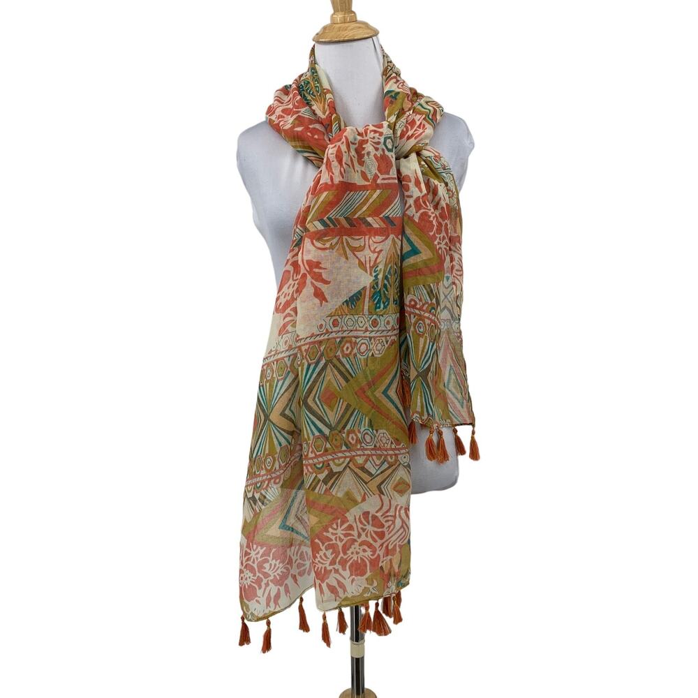 Charming Charlie Sheer Scarf Womens 70" X 26" Floral Print Tassel Fringe Wrap